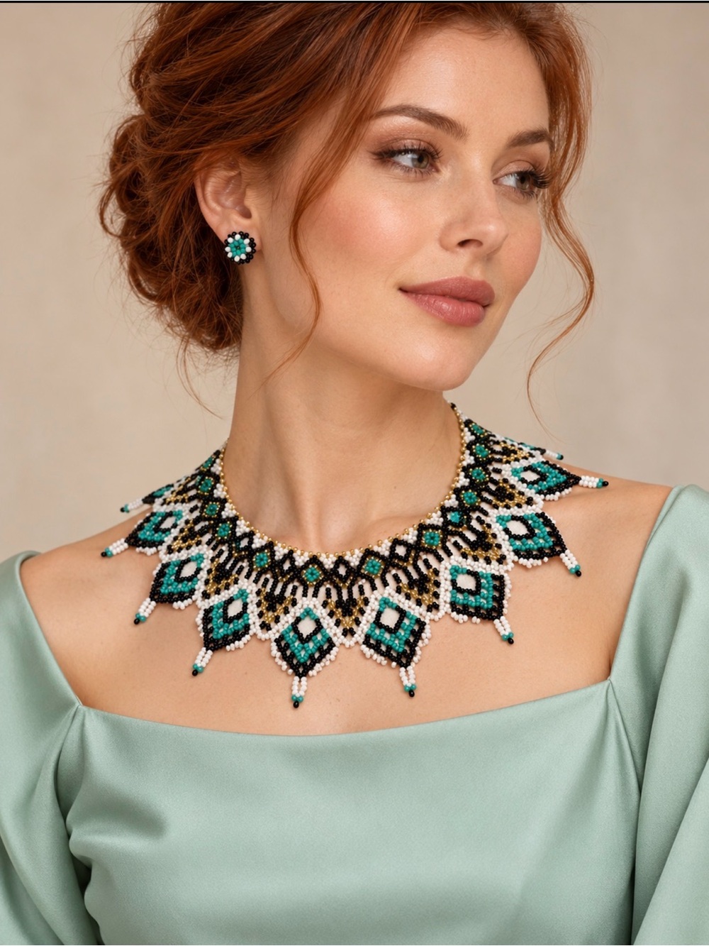 Handmade Turquoise, Black & Ivory Beaded Collar Necklace Set